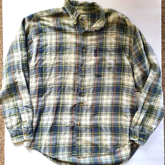 Columbia Tops - COLUMBIA  Medium Blue Cream green plaid long sleeve button down shirt90s vintage
